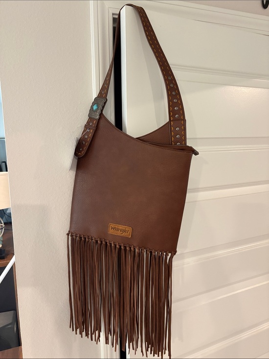 Wrangler Handbags - Wrangler Brown Leather Fringe Shoulder Bag with Studded Strap